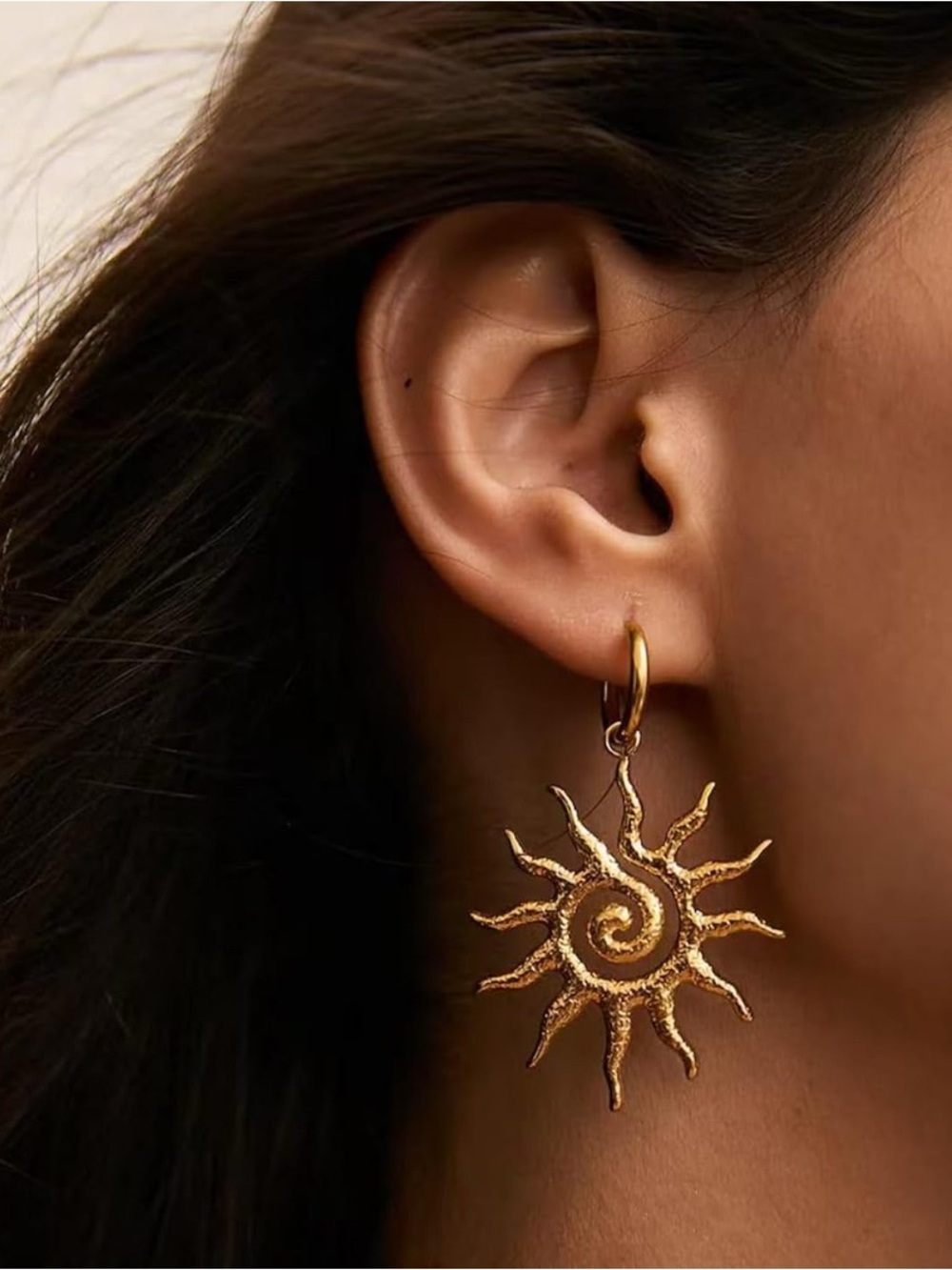 Gold Sunburst Drop Earrings - Stainless Steel